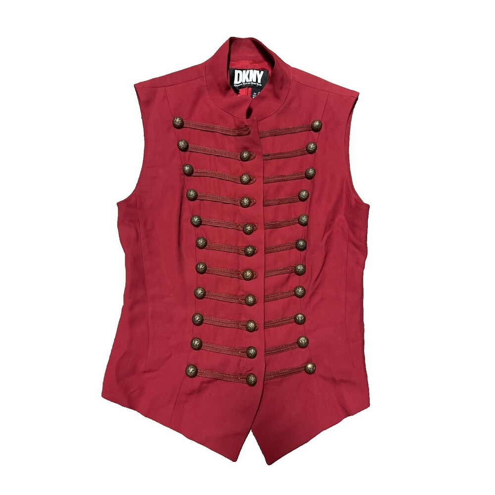 Vintage Dkny Womens Red Sleeveless Classic Military Style Tailored Vest Size 6